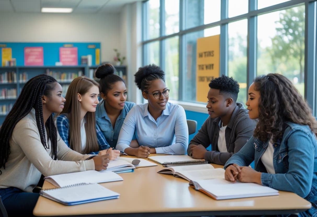 A group of students talking with a school counselor around a table in a bright school office.