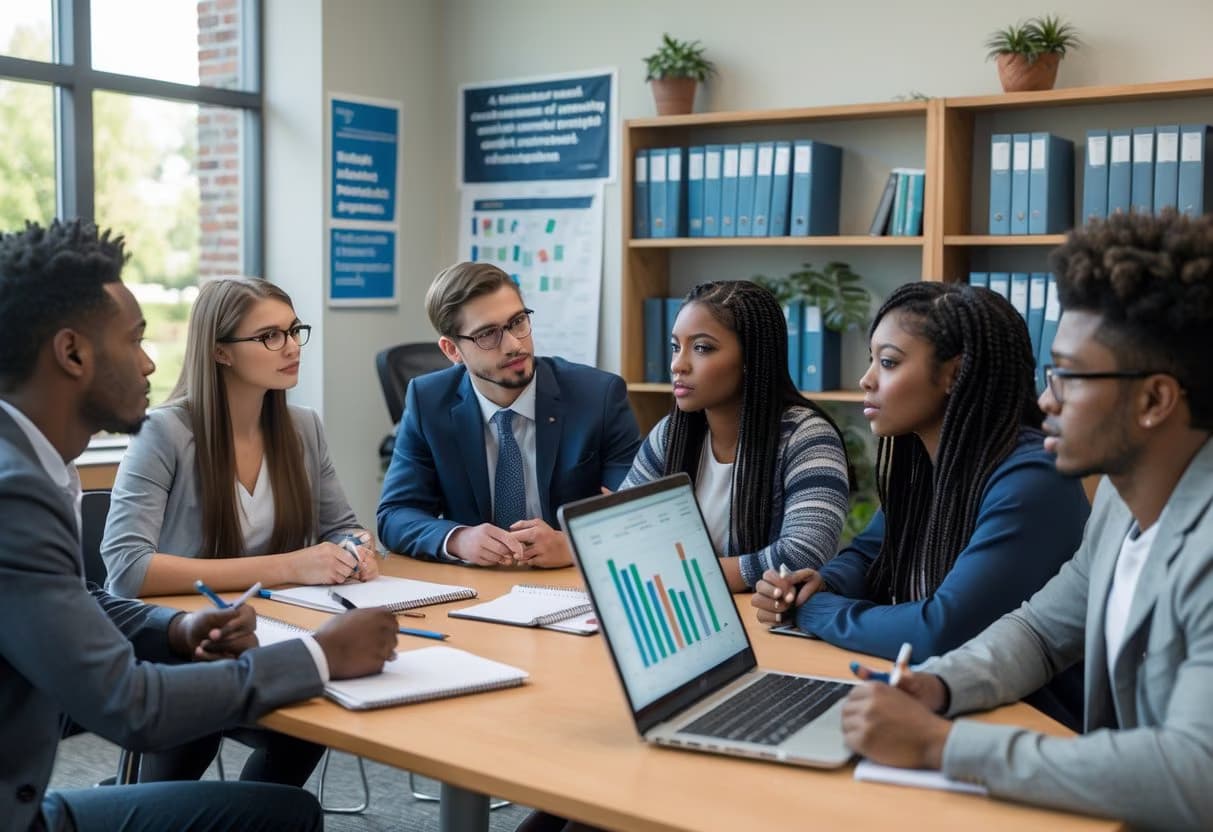 A counselor talks with a group of college students in a school office, discussing academic support options.