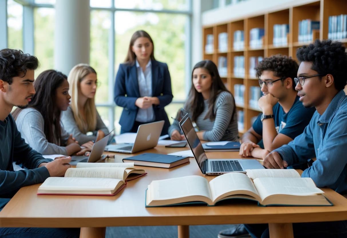 A group of college students studying together in a university library while an advisor talks to a student, showing a supportive academic environment.