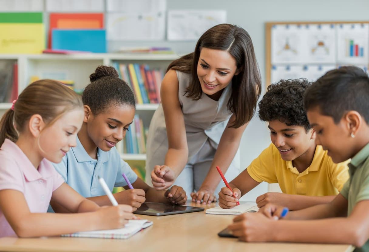 A group of young students working together with a teacher in a bright classroom, showing engagement and confidence.