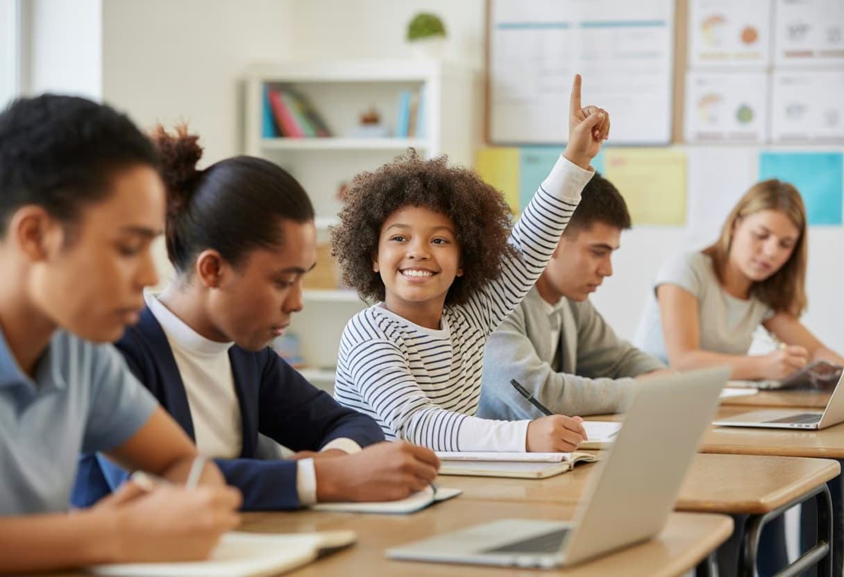 A diverse group of students in a classroom with one student confidently raising their hand while others work on assignments.