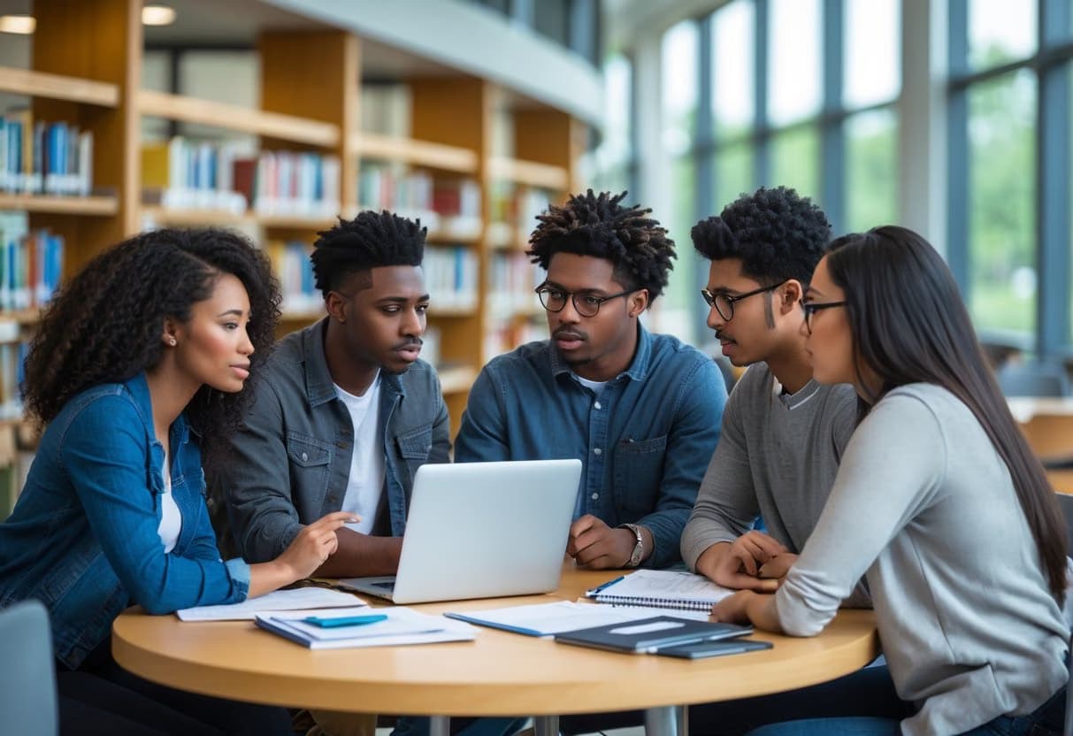 A group of college students studying together around a table with laptops and documents in a bright university library.