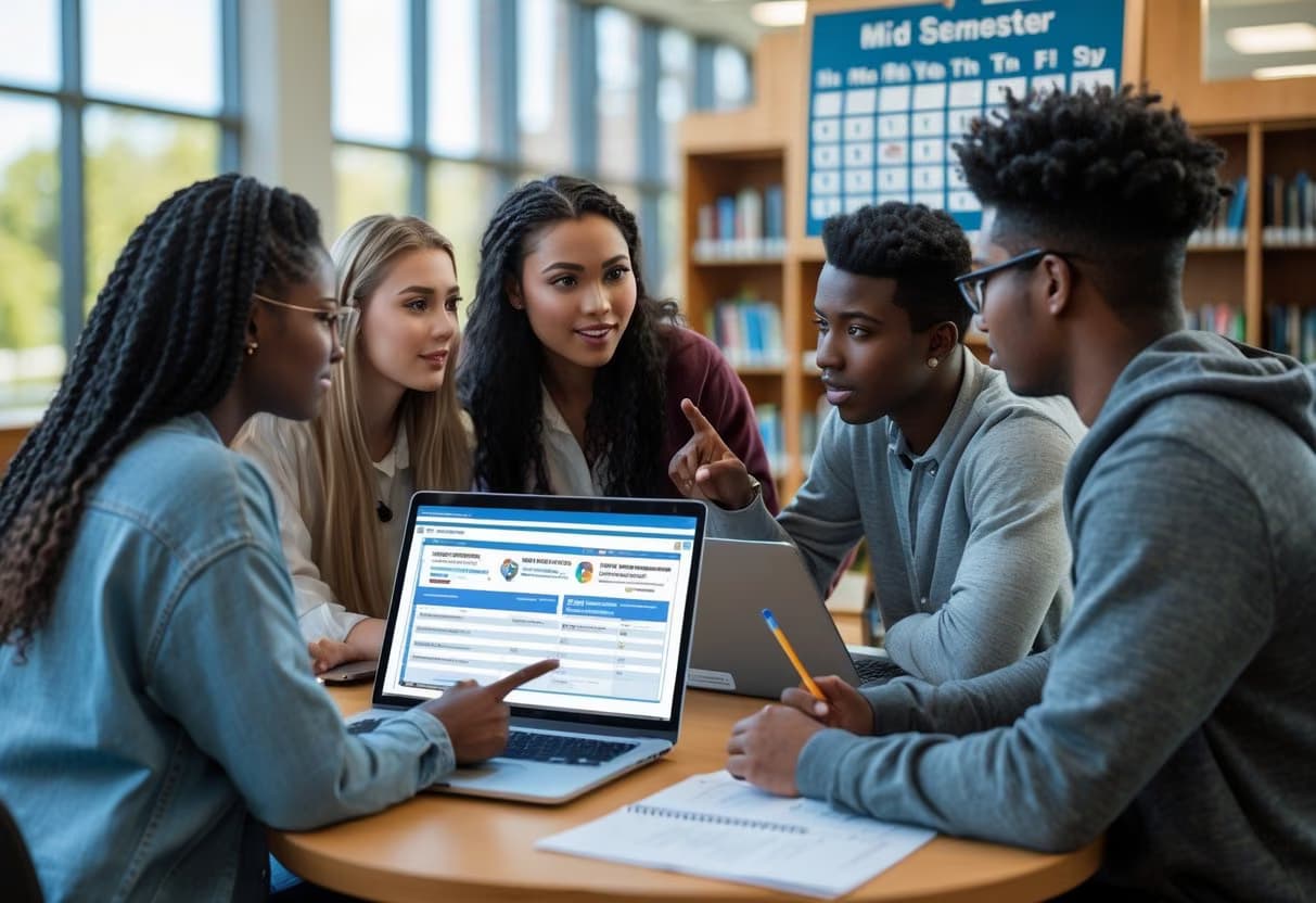 A group of college students discussing financial documents in a university study area with bookshelves and large windows in the background.