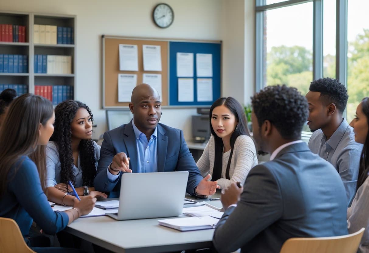 A university advisor discussing financial aid options with a group of attentive college students in a campus office.