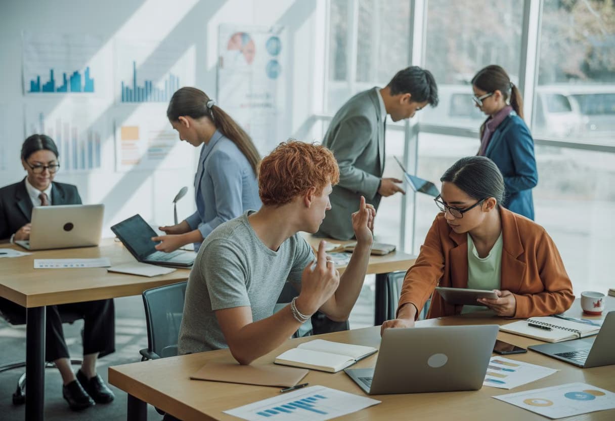 A group of young adults researching career options together in a bright office with laptops and notebooks.