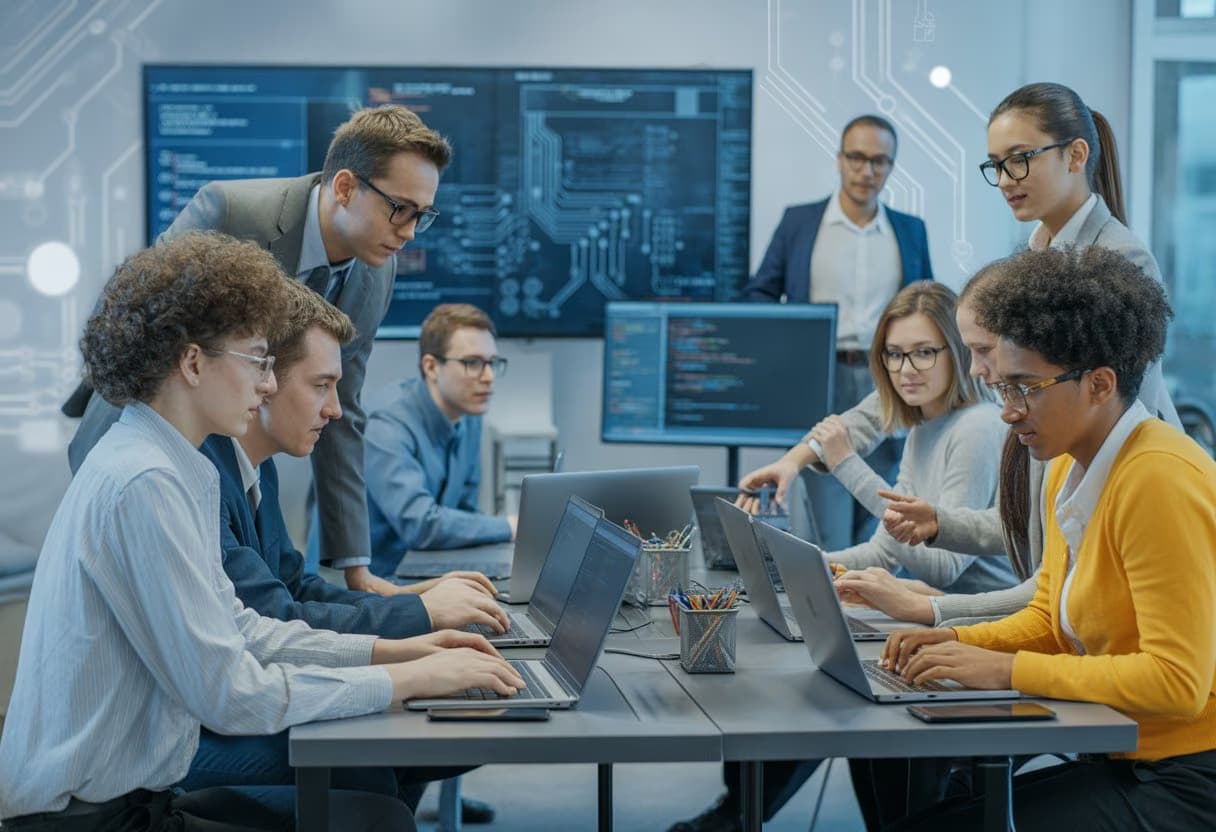 A group of diverse students and young professionals working together on laptops and discussing technology projects in a modern classroom.