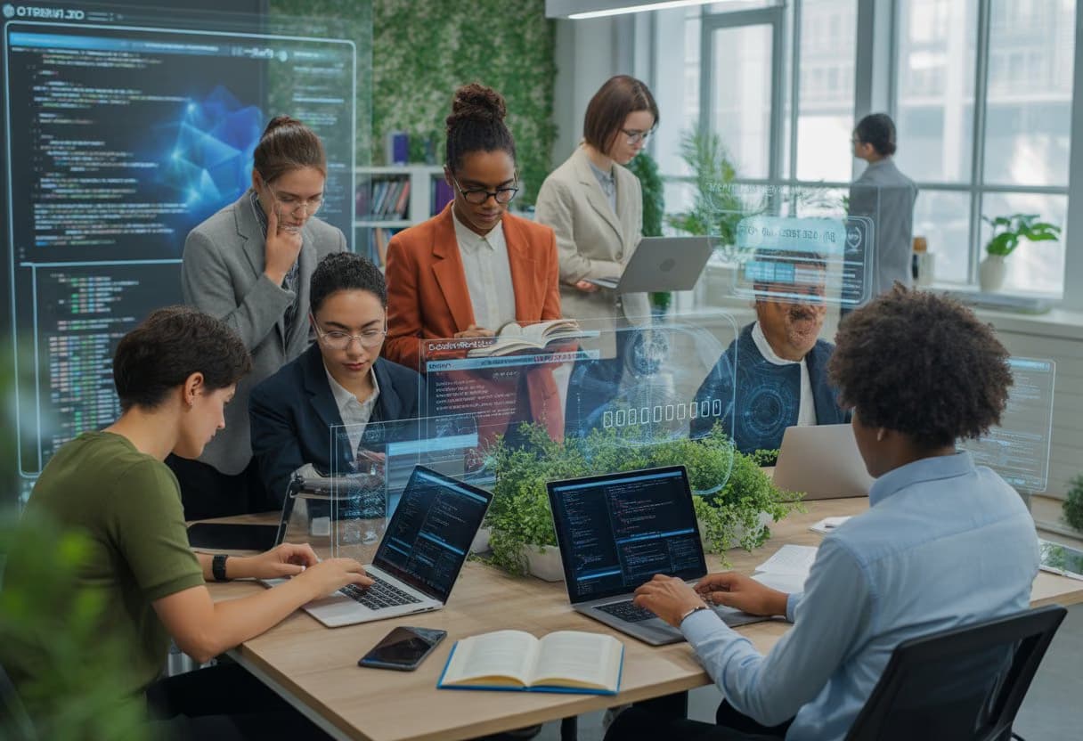 A group of young adults collaborating in a modern workspace with laptops and digital devices, surrounded by coding visuals and technology equipment.