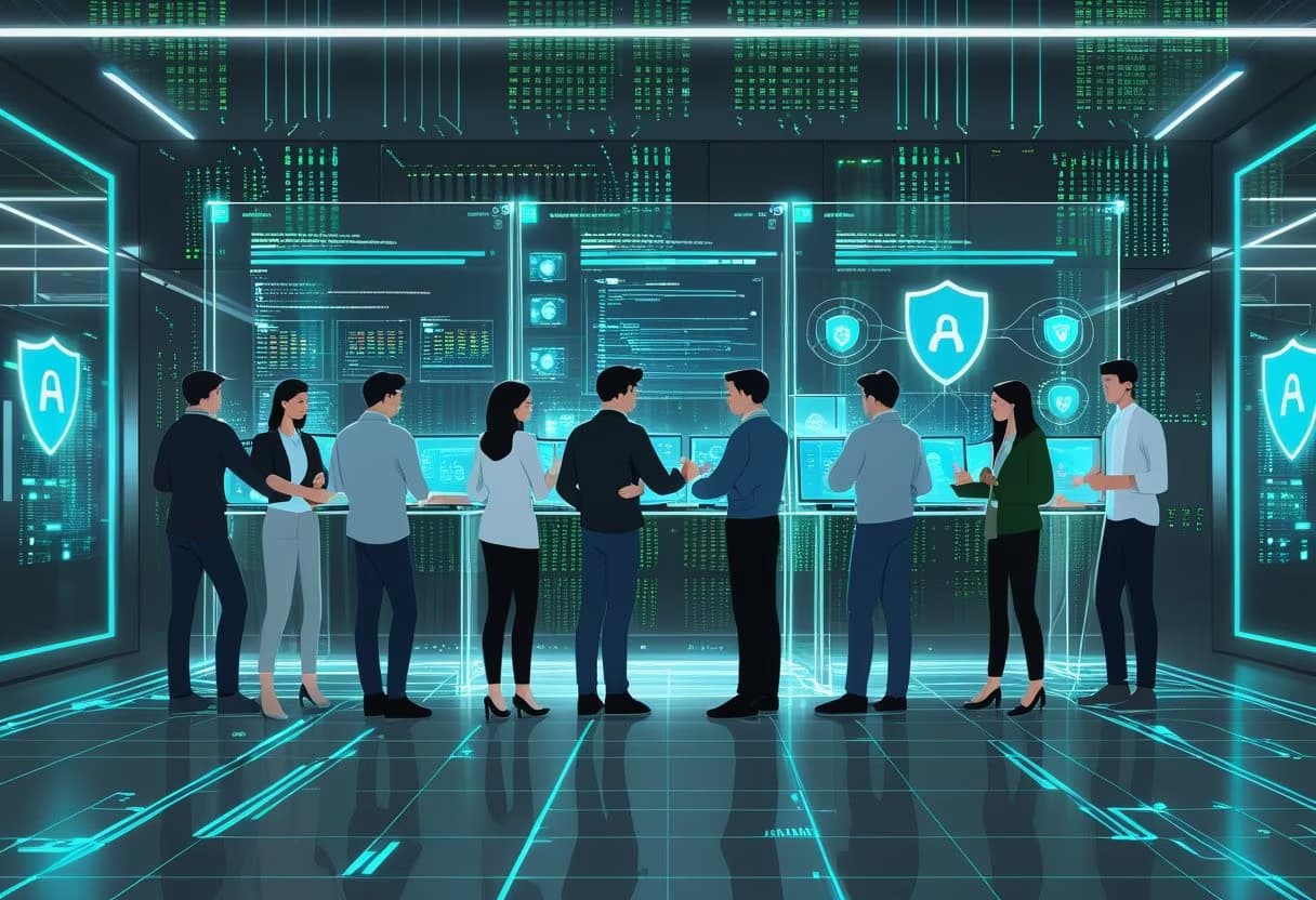 A group of young professionals collaborating around holographic screens showing data, AI diagrams, and cybersecurity icons in a modern high-tech workspace with a server room in the background.