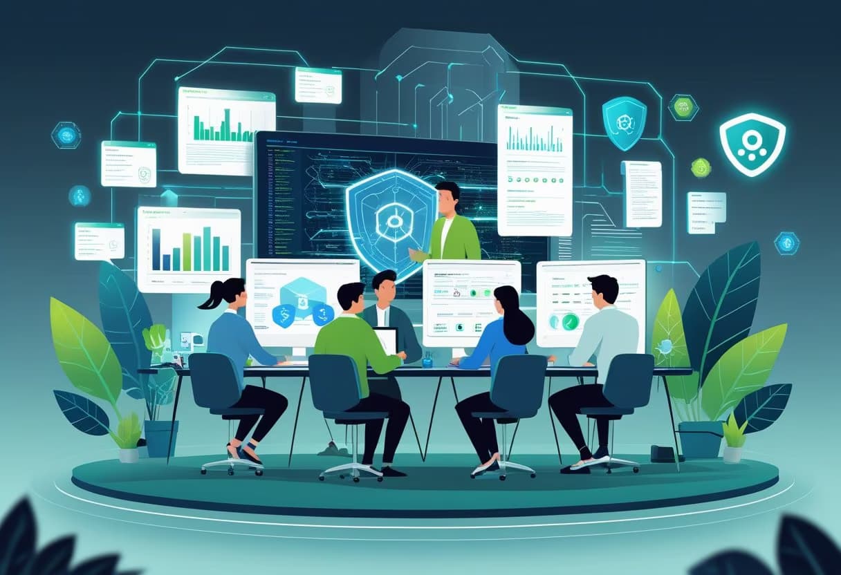 A group of diverse professionals working together with digital screens showing data charts, AI networks, and cybersecurity symbols in a modern office setting.