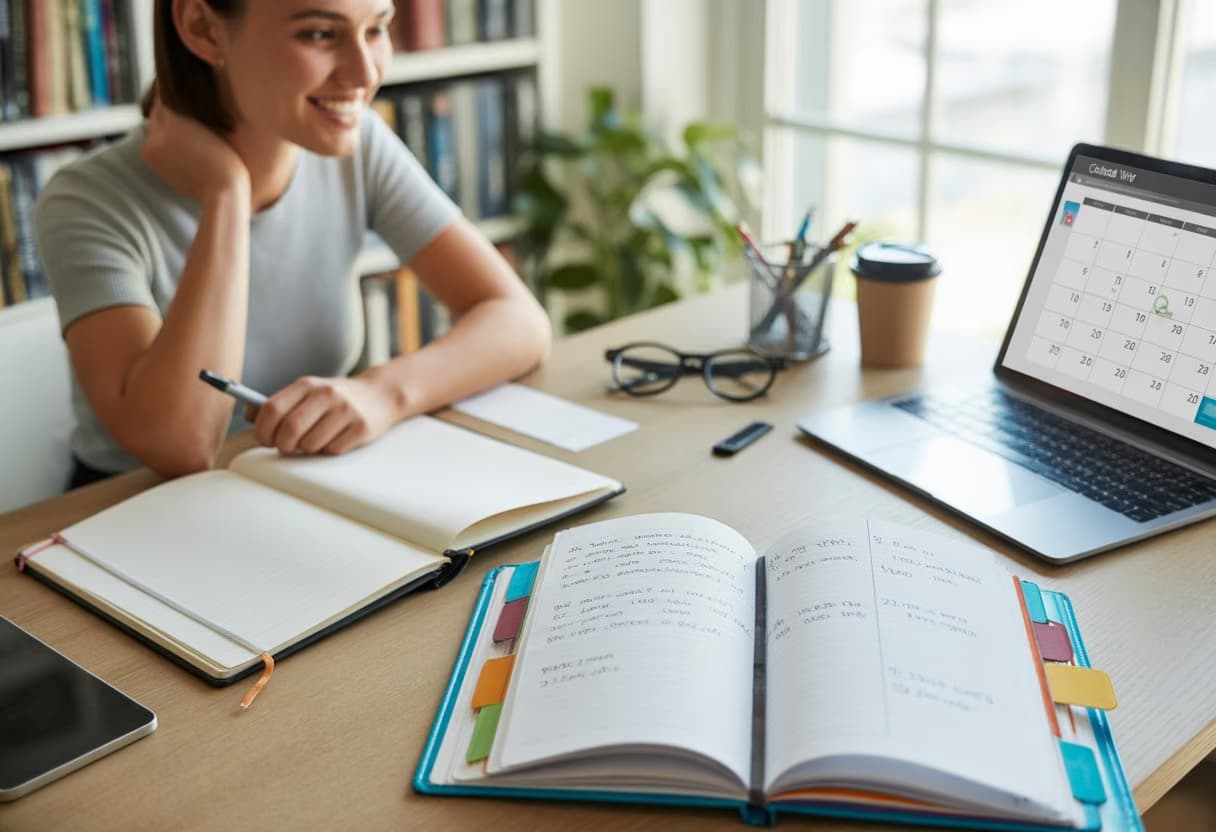 A young adult sitting at a desk with an open notebook, planner, and laptop, surrounded by books and a plant, preparing to set academic goals.
