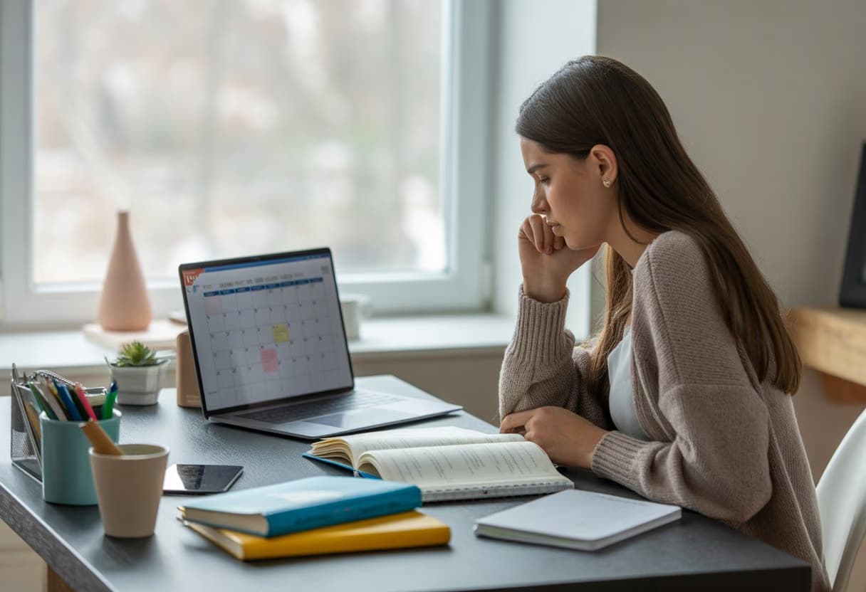 A young adult student sitting at a desk reviewing academic materials with a laptop and planner in a bright study space.