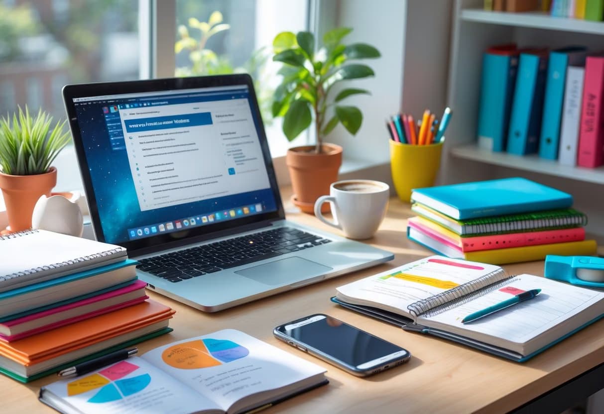 A home study desk with a laptop, textbooks, notebooks, a planner with checked tasks, a smartphone, a coffee cup, and a small plant by a window.