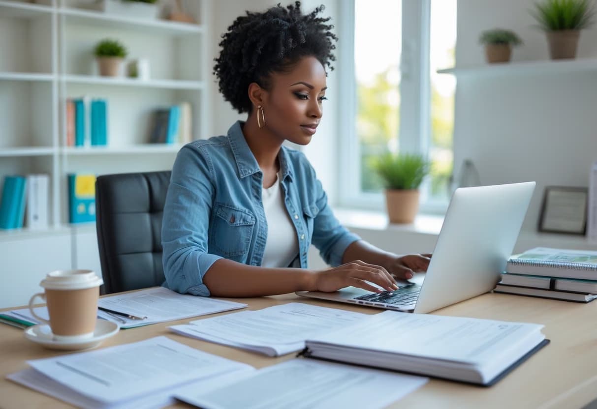 An educator working at a desk with a laptop and papers, organizing documents in a bright home office.