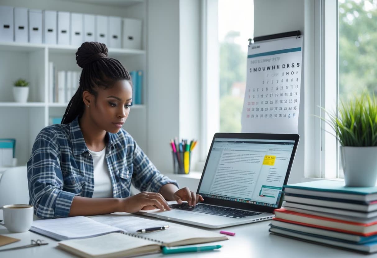 A student working at a desk with a laptop, notebooks, and study materials in a bright home office, organizing assignments and planning for end-of-semester tasks.