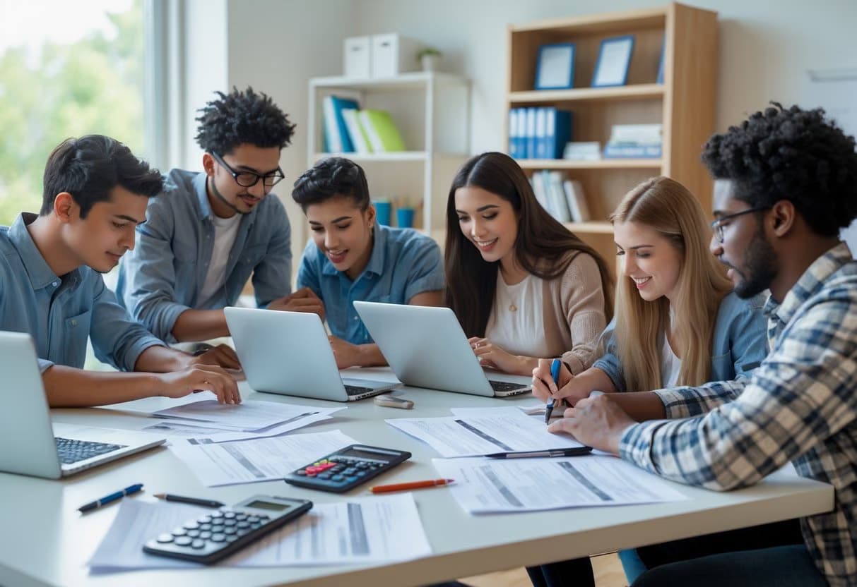 A group of young adults working together at a desk with laptops and documents, preparing financial aid forms.