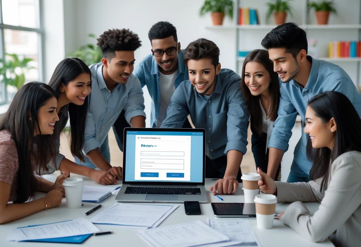A group of young adults working together around a desk with laptops and documents in a bright office setting.