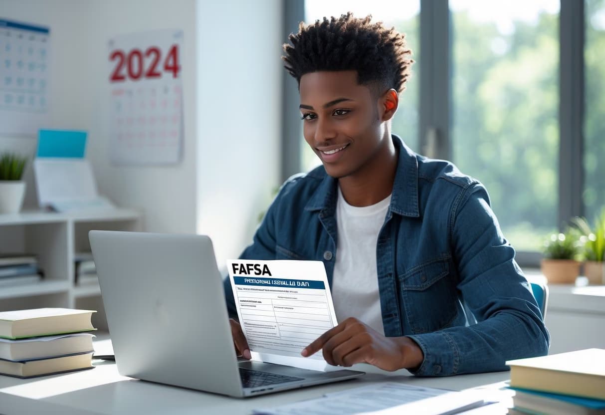 A young adult student working on a laptop at a desk with books and documents, preparing for college financial aid.