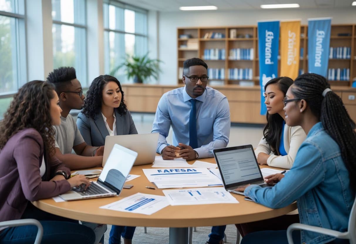 A group of college students and an advisor discussing financial aid documents around a table in a university office.
