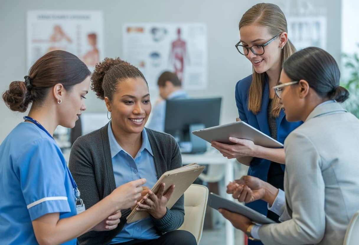 A diverse group of healthcare and human services professionals working together in a clinical or community support setting.