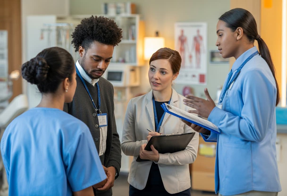 Healthcare professionals and community support workers interacting with a patient in a modern clinic setting.