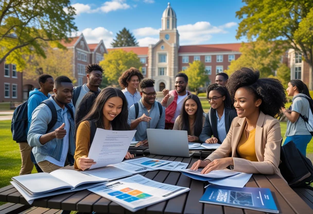 Students and a financial aid advisor meeting outdoors on a university campus, discussing documents and smiling.