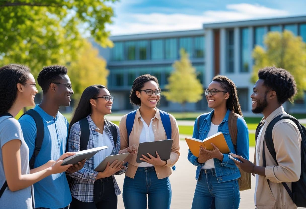 A group of diverse college students talking and studying together outside on a university campus with a modern building and trees in the background.