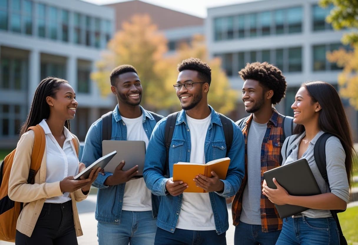 A diverse group of college students talking and studying together outdoors on a university campus.