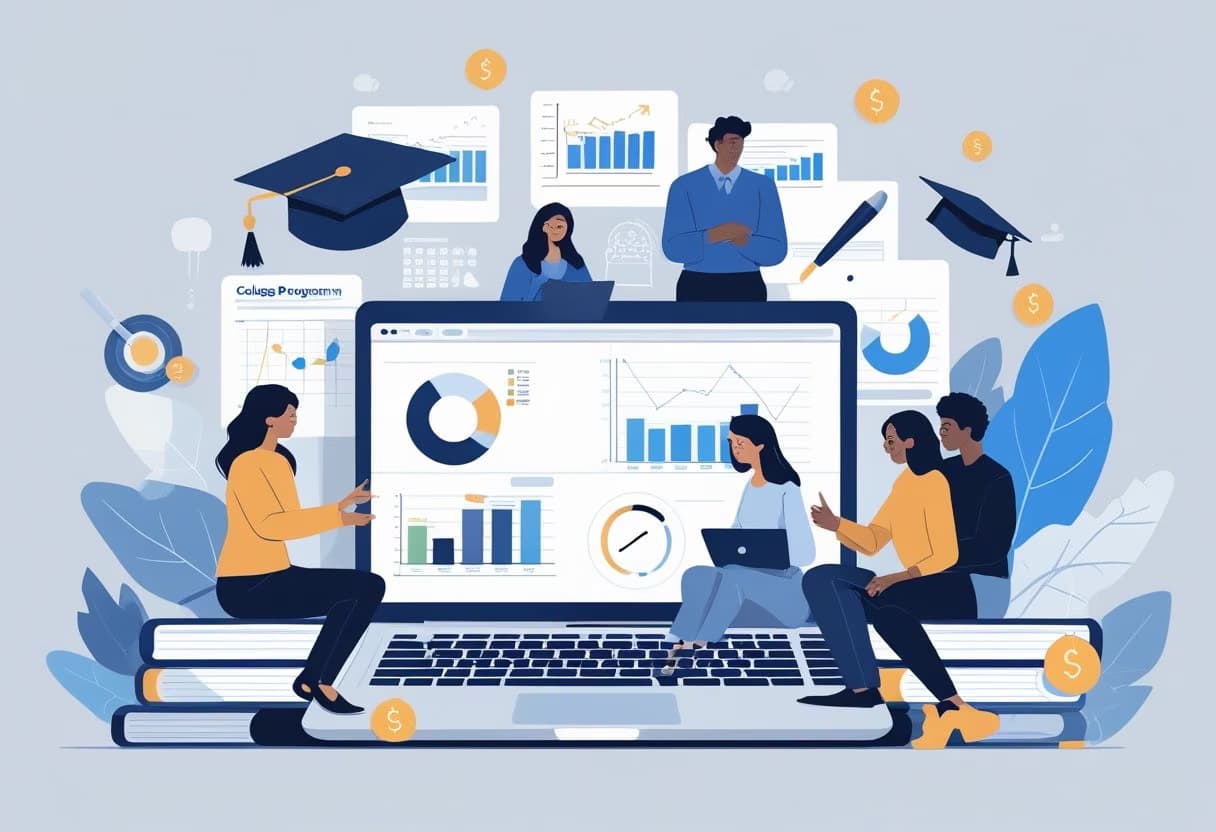 A group of young adults studying together around a laptop displaying charts, with icons representing different academic programs floating in the background.