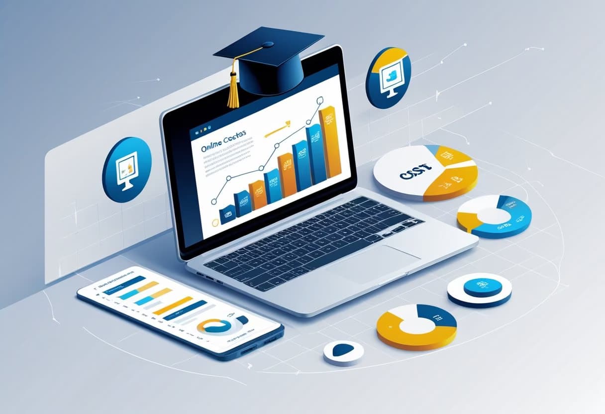 An illustration of a laptop with a graduation cap and icons representing different college programs connected to charts showing varying costs.