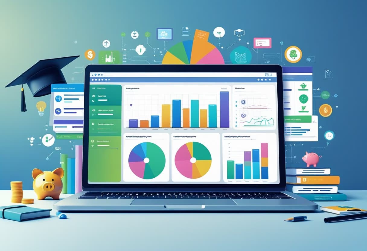 A laptop on a desk showing colorful charts and icons representing different costs and academic programs related to online college education.