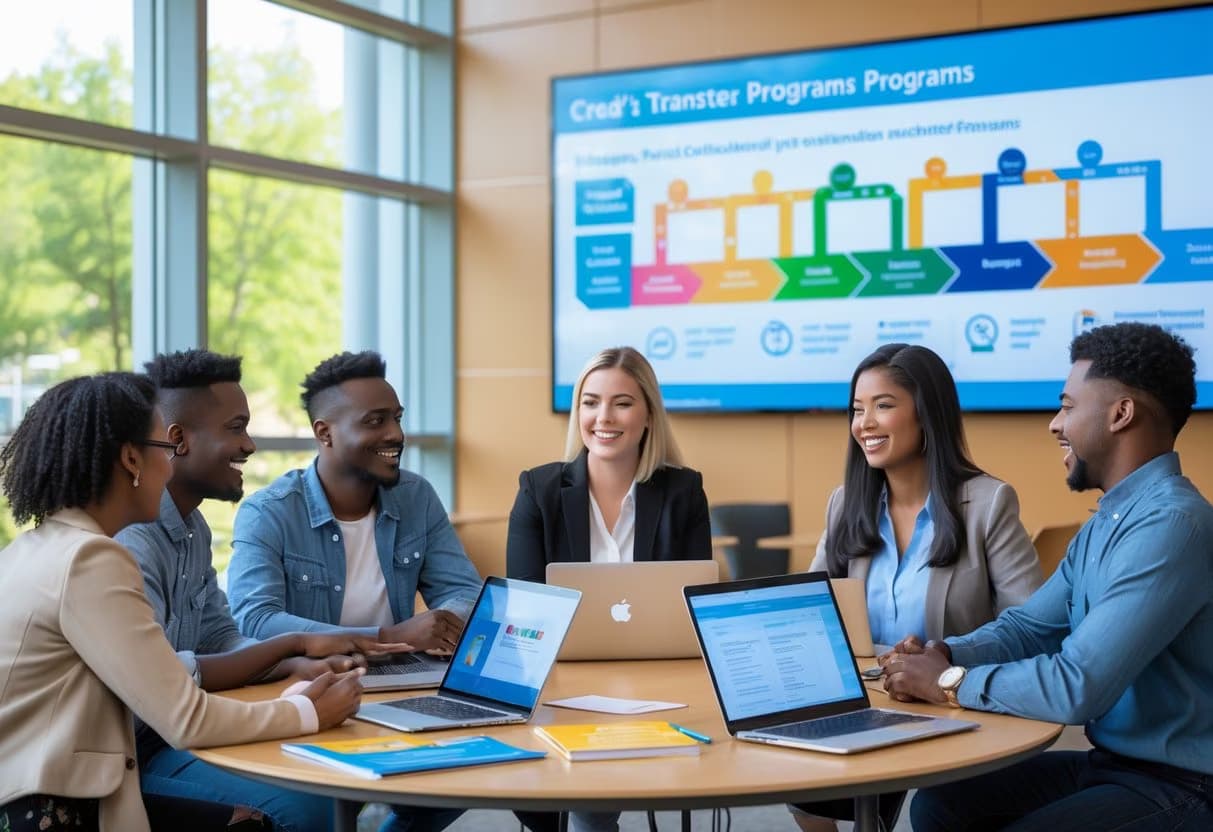 Students and an academic advisor discussing credit transfer options around a table on a college campus.