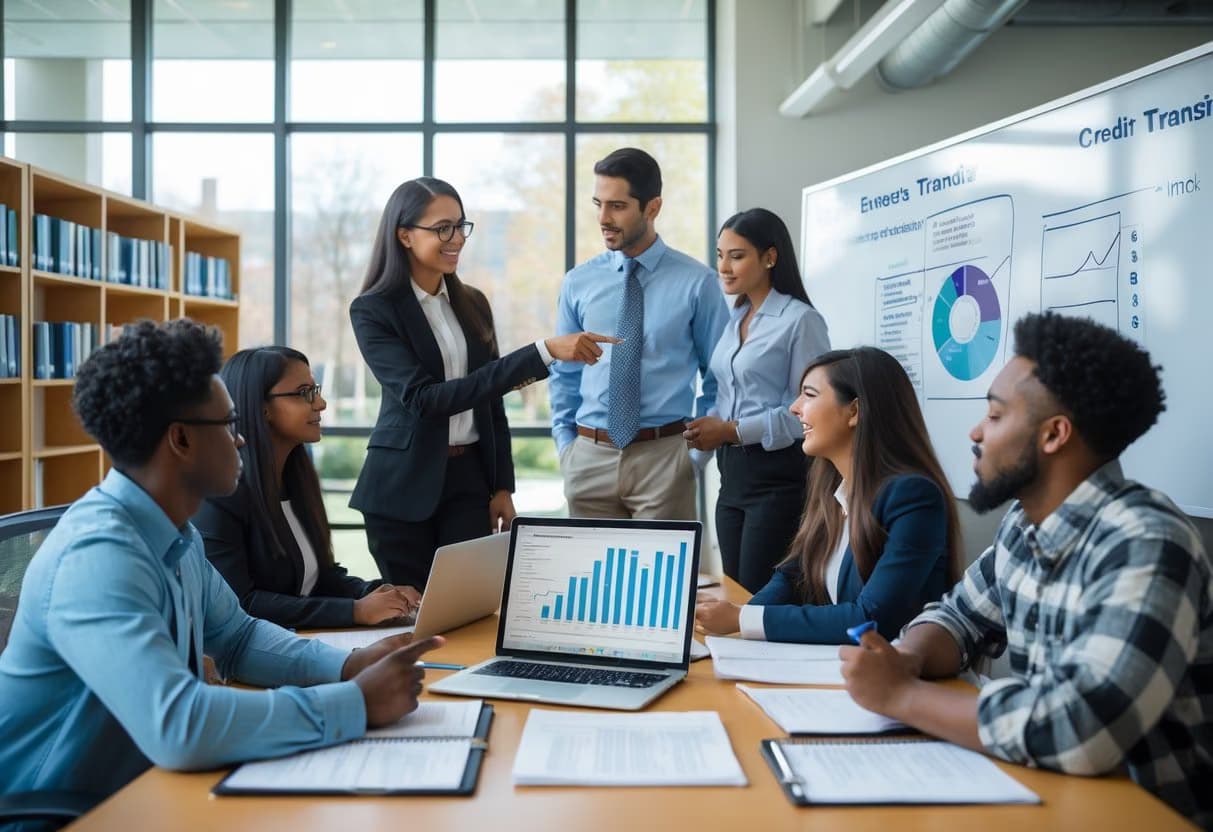 A group of college students and an academic advisor discussing transfer credits in a bright university office.