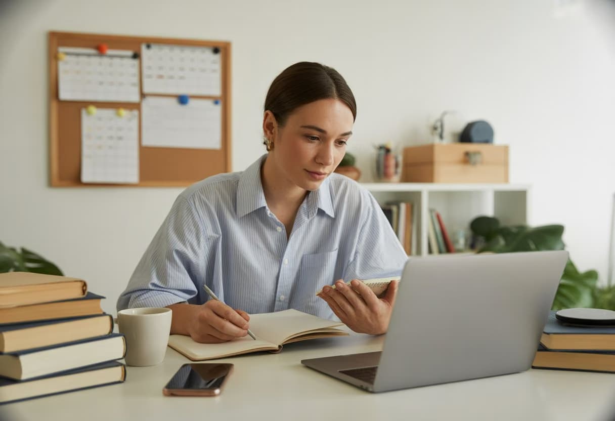 A young adult working at a desk with a laptop, notebooks, and textbooks, balancing study materials and work items in a bright home office.