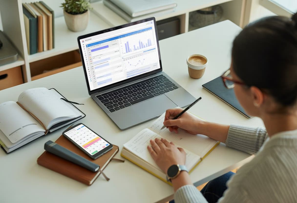 A young adult working at a desk with a laptop, notebook, planner, and smartphone, focused on balancing work and study tasks.