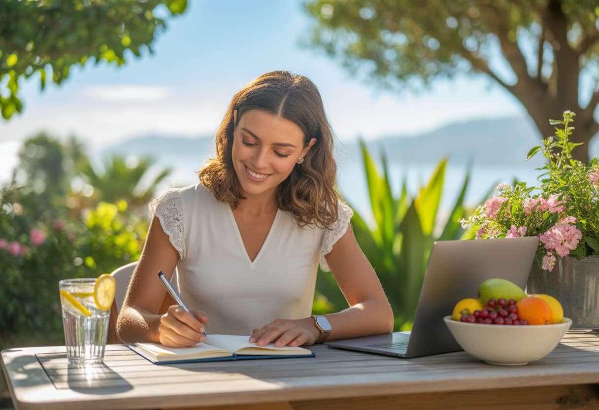 A young woman writing in a planner at an outdoor table surrounded by plants and sunlight on a summer day.