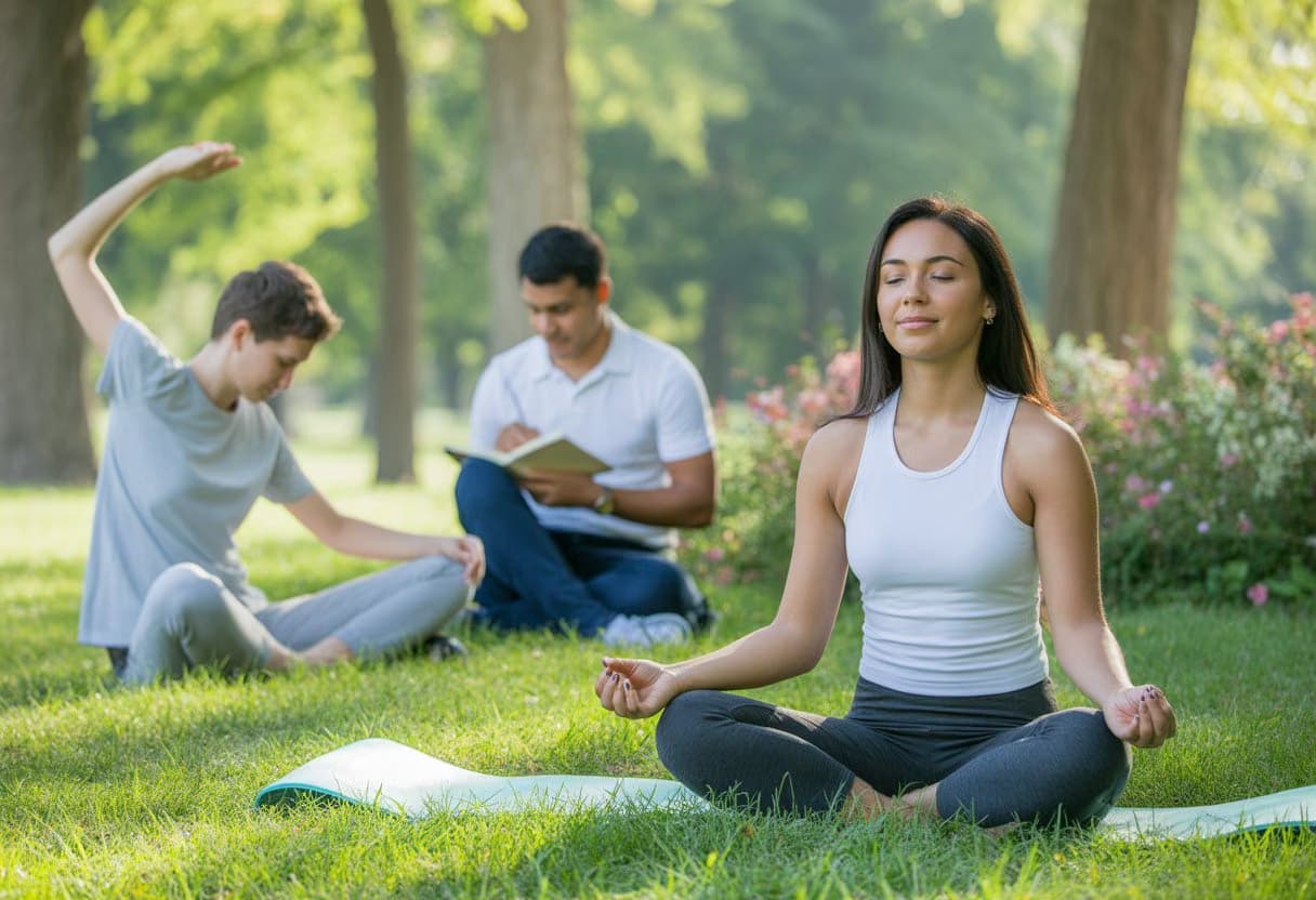 People practicing mindfulness and self-care outdoors in a sunny park during summer.