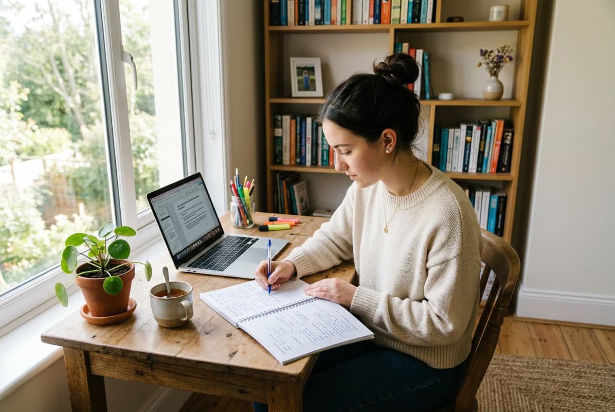 A person studying at a tidy desk by a window with natural light, surrounded by study materials and a small plant.