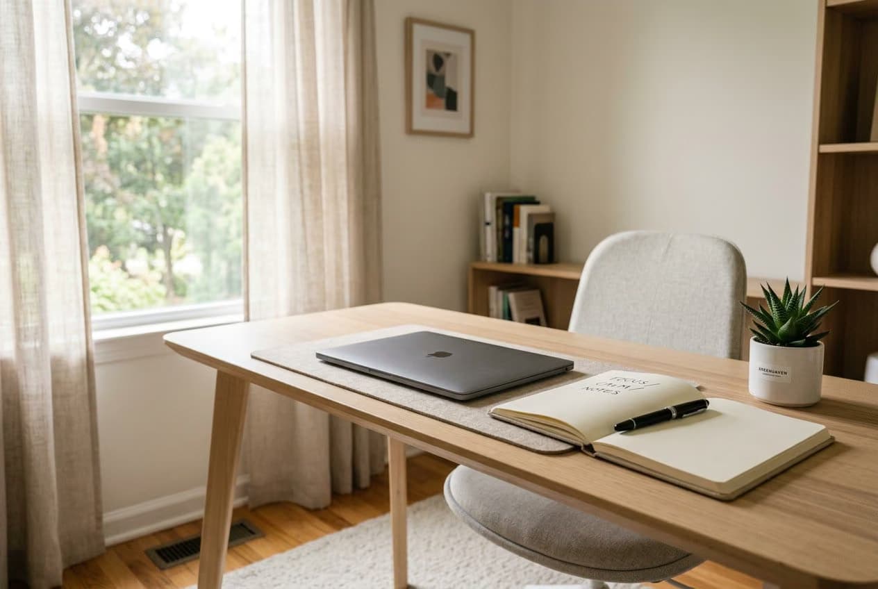 A tidy home study desk with a closed laptop, notebook, pen, and a small plant near a window with natural light.
