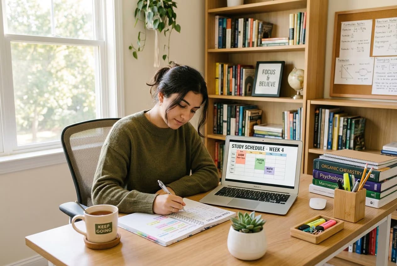 A young adult studying calmly at a tidy desk with books, a laptop, and a planner in a bright, organized room.
