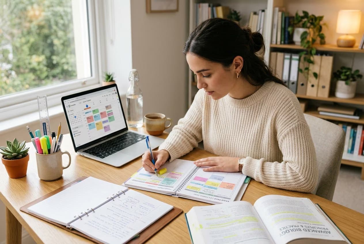 A person writing notes at a tidy desk with study materials and a planner, preparing for exams in a calm environment.