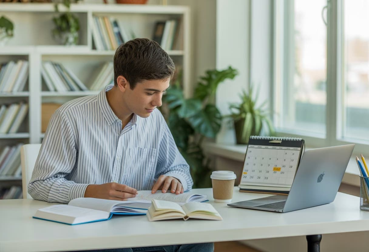 A student studying at a desk with books, laptop, and planner in a bright study room.