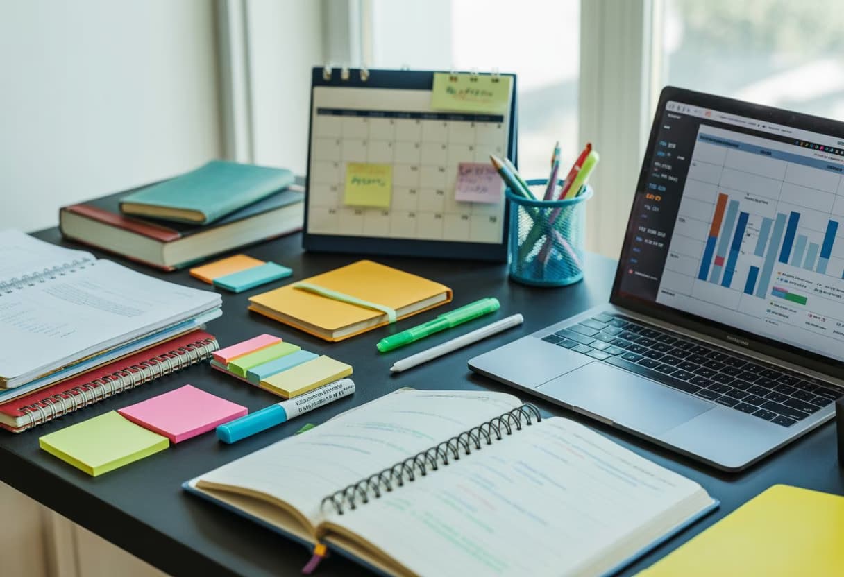 A tidy study desk with textbooks, notebooks, stationery, a laptop, and a planner arranged neatly in a bright room.