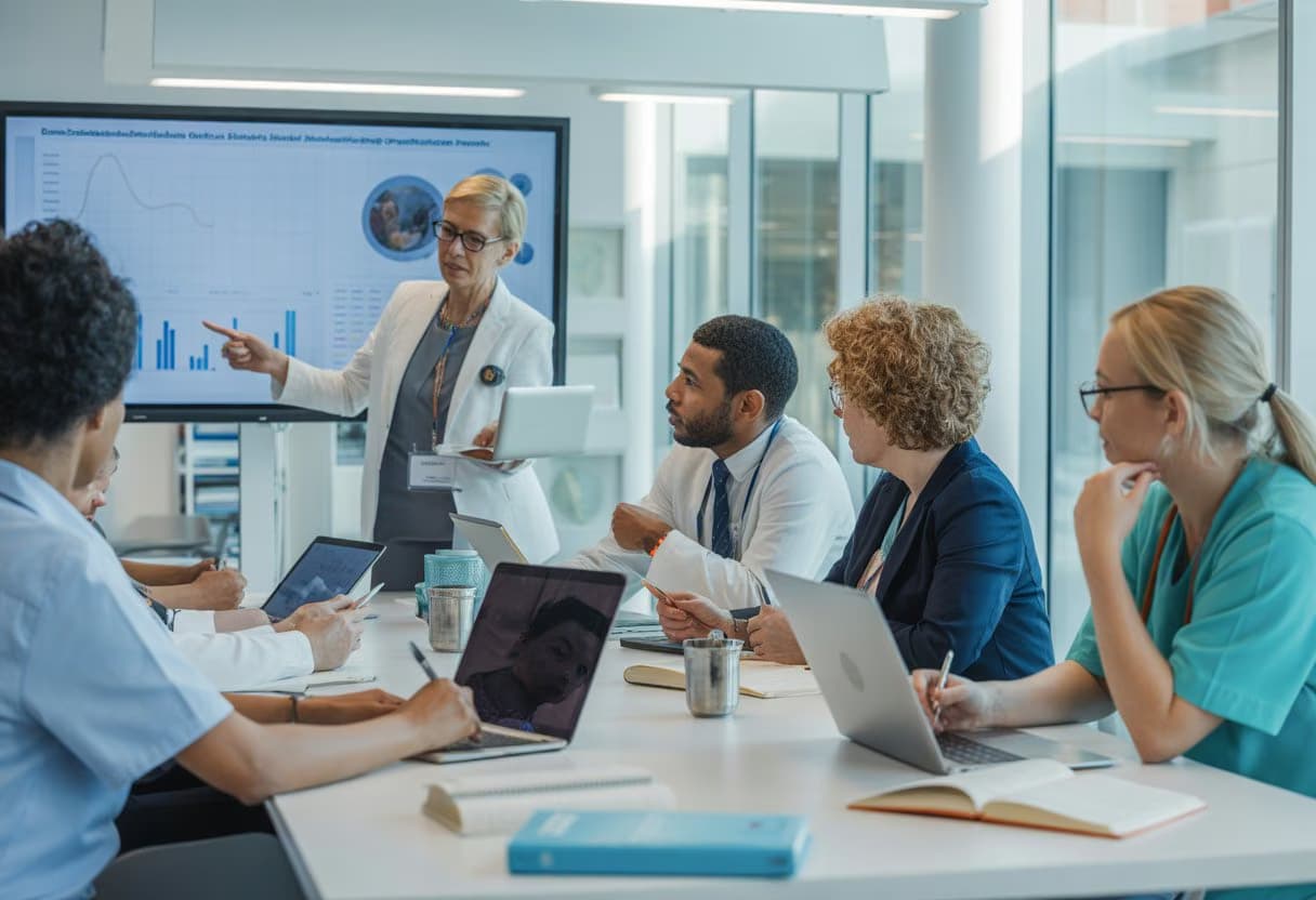 A group of adult students and an instructor in a modern classroom discussing healthcare management with digital charts and laptops.