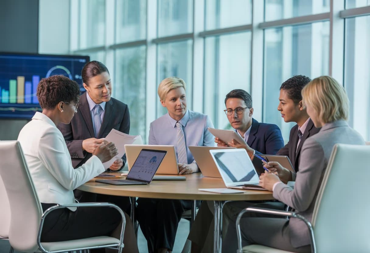 A group of healthcare professionals and students discussing documents around a conference table in a bright modern room.