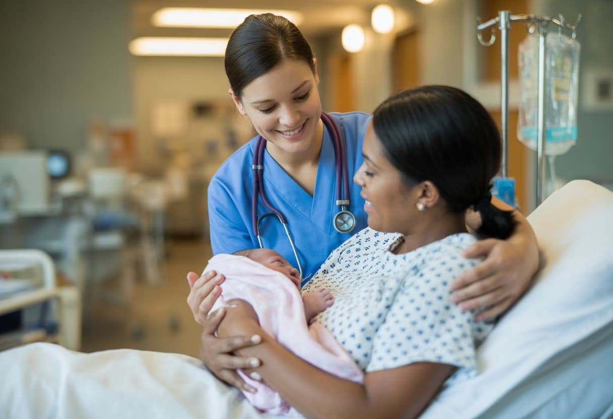 A nurse-midwife in scrubs gently supporting a new mother holding her newborn baby in a hospital room.