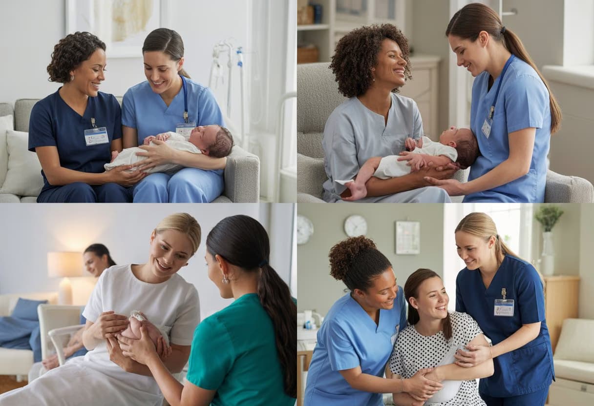 Nurse-midwives caring for expectant mothers and newborns in different healthcare settings, including a hospital room, home birth, and clinic.