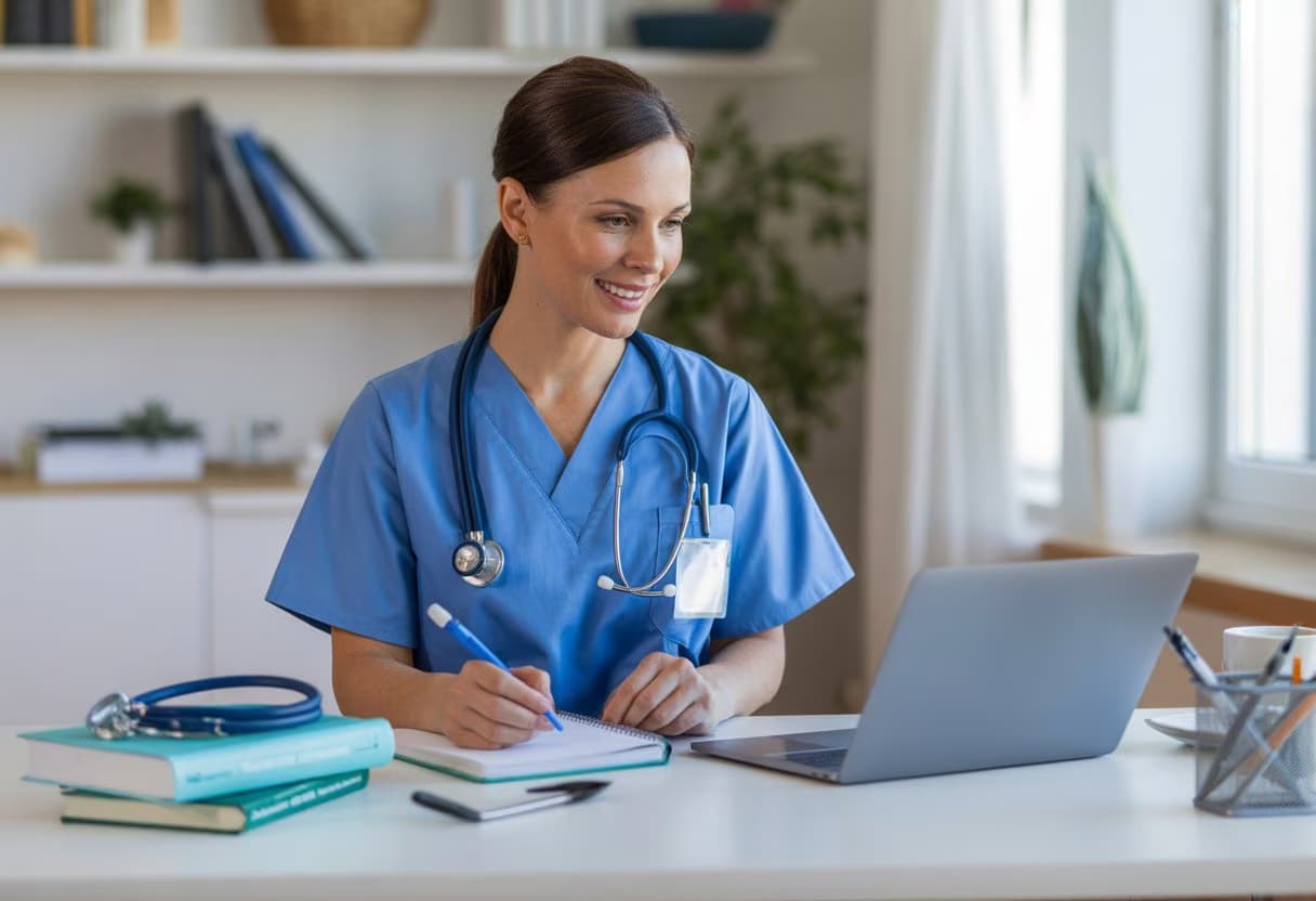 A nurse in scrubs studying at a desk with a laptop, medical books, and a stethoscope in a bright home office.