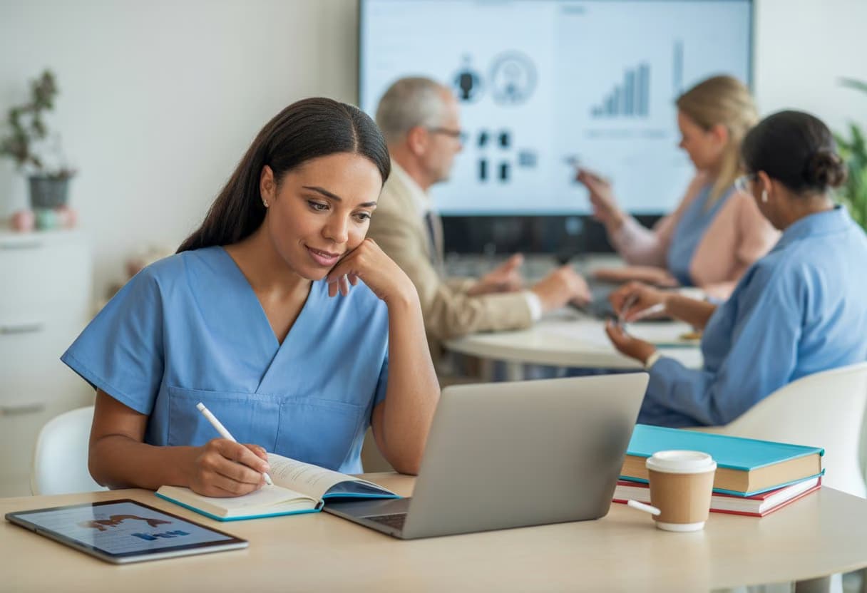 A young woman studying nursing online at a desk with a laptop, textbooks, and medical charts in a bright room.
