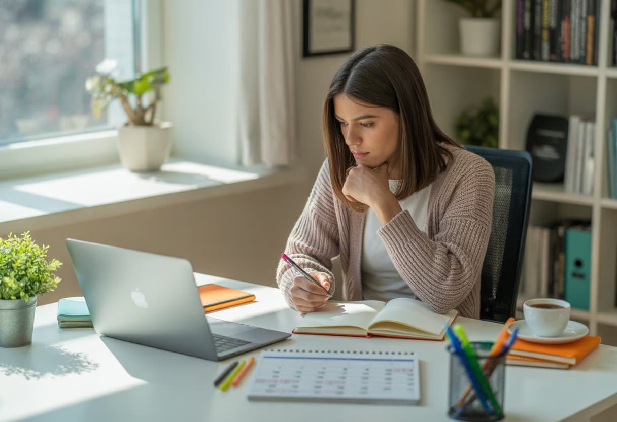 A college student sitting at a desk with a laptop and study materials, planning a midsemester reset.