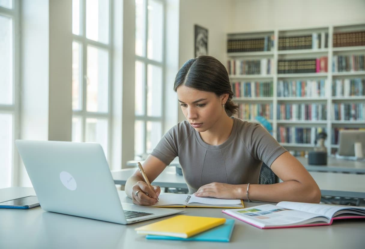 A college student studying with a laptop, notebooks, and study materials in a bright room.